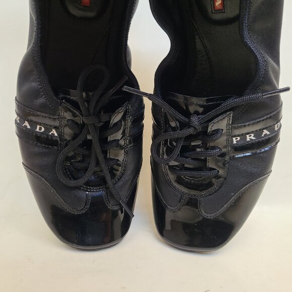 Prada Sport Black Patent Leather Lace Up Ballet Sneakers EU 37.5 US 7 - Picture 10 of 16